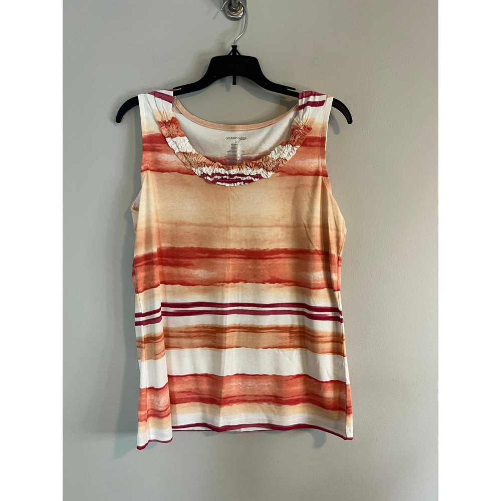 St Johns Bay Womens Orange‎ Striped Ruffle Neck Sleeveless Tank Top Medium